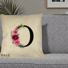 Cadou Personalizat - Perna Personalizata Monograma Florala Litera O, 40x40 cm, Crem, Husa Detasabila, Perna Inclusa, BEKZ®