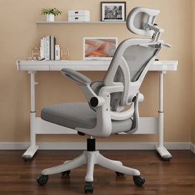 ErgoVision Sponge – Scaun Ergonomic, Suport Lombar Reglabil, Tetieră Reglabilă, Cotiere Rabatabile, Recliner 135°, Umeras, Mesh, Alb/Gri