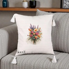Perna Decorativa Buchet Mixt Acuarela Lavanda-Trandafiri, 40x40 cm, Bej cu Franjuri, Husa Detasabila, Perna Inclusa, BEKZ®