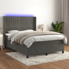 3139680 vidaXL Pat cu arcuri, saltea și LED, gri închis, 140x190 cm, catifea