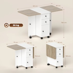 HOMCOM Masă Rabatabilă pentru Maxim 6 Persoane cu 2 Sertare, Dulap și Raft Posterior, 120x60x76.5 cm, Alb | Aosom Romania