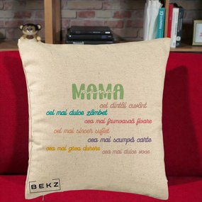 Cadou pentru Mama - Perna Personalizata Mama Cel Dintai Cuvant cu Text Colorat Multicolor, 40x40 cm, Bej, Husa Detasabila, Perna Inclusa, BEKZ®