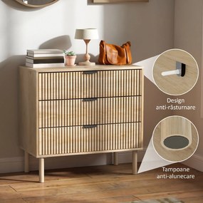 HOMCOM Comodă cu 3 Sertare, Picioare din Lemn Masiv și Design Canelat, 80x40x77,5 cm, Lemn Natural | Aosom Romania