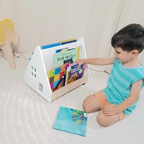 Bibliotecă Montessori cu roți, în formă de căsuță BOOKY turquoise