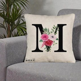 Cadou Personalizat - Perna Personalizata Monograma Florala Litera M cu Trandafiri si Anemona, 40x40 cm, Bej Canapea, Husa Detasabila, Perna Inclusa, BEKZ®