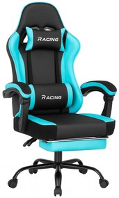 Scaun gaming, Masaj în perna lombară, Suport picioare, Rabatabil 90-165°, piele PU, Negru/Albastru