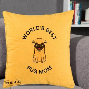 Cadou pentru Iubitorii de Caini - Perna Personalizata World's Best Pug Mom, 40x40 cm, Galben, Husa Detasabila, Perna Inclusa, BEKZ®