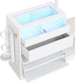 Combinație 6-în-1 pentru intrare cu iluminare LED, set cuier, masă de toaletă, bancă pentru pantofi, dulap rabatabil pentru pantofi și vitrină din sticlă, 163x35x161 cm, Alb
