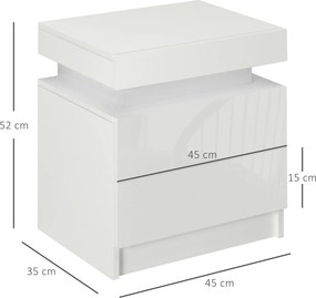Noptiera alba HOMCOM cu lumina LED RGB, noptiera frontala lucioasa cu 2 sertare, pentru camera de zi, dormitor | Aosom RO