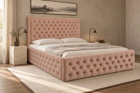 Pat tapițat Chesterfield din catifea Ophelia Deluxe 160×200 cm, cappuccino, cu ladă de depozitare