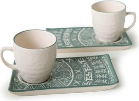 Set 2 cesti cu 2 farfurii 275KRM2236, alb/verde, ceramica, 100 ml