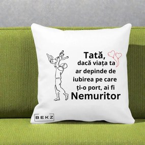 Cadou pentru Tata - Perna Personalizata Tata Nemuritor Joaca in Aer, 40x40 cm, Alba Mata, Husa Detasabila, Perna Inclusa, BEKZ®