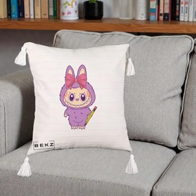 Perna Personalizata Labubu Mov cu Funda Rosie si Creion, 40x40 cm, Bej cu Franjuri, Husa Detasabila, Perna Inclusa, BEKZ®