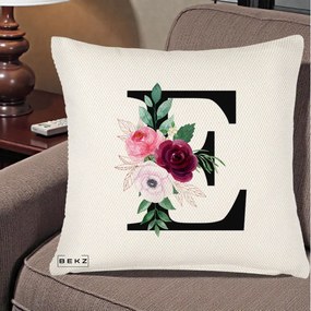 Cadou Personalizat - Perna Personalizata Monograma Florala Litera E, 40x40 cm, Crem Reliefat, Husa Detasabila, Perna Inclusa, BEKZ®