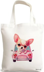 Sacosa de Panza pentru Cumparaturi, Geanta Tote, model Chihuahua the Driver, 38x34.5 cm, Alba, BEKZ®