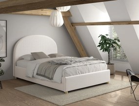 Pat tapițat pentru copii MOON, 140 x 200 cm, alb, cu țesătură bouclé și spațiu de depozitare – Vipack