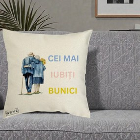 Cadou pentru Bunici - Perna Personalizata Cei Mai Iubiti Bunici Acuarela Spate, 40x40 cm, Ecru, Husa Detasabila, Perna Inclusa, BEKZ®