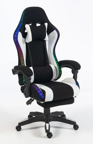 RESIGILAT- ALFORD Scaun gaming cu Masaj in 5 puncte, Perna lombara cu Masaj, Sistem iluminare banda LED RGB, Boxe Bluetooth, suport picioare, textil, Negru