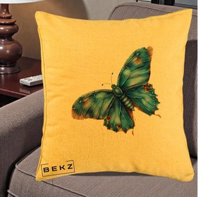 Perna Decorativa Fluture Albastru Satin cu Pete Aurii, 40x40 cm, Galben, Husa Detasabila, Perna Inclusa, BEKZ®