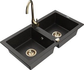 Mexen Mario chiuvetă de granit cu 2 compartimente și baterie de bucătărie Telma, negru/auriu - 6504-75-670200-50