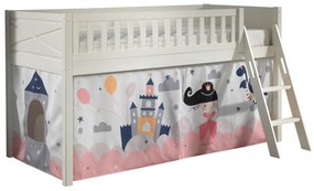 Set complet pat semi-supraetajat SCOTT pentru copii, alb, 90 x 200 cm, pin scandinav masiv, cu scară, 3 buzunare depozitare și perdea de joacă