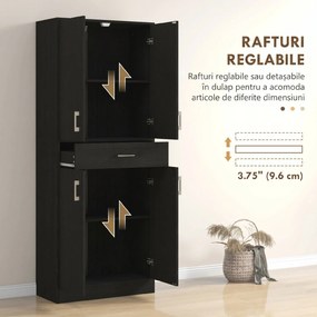 HOMCOM Dulap Bucătărie Înalt cu 4 Uși, Sertar Mare, Polițe Reglabile, 70,8 x 34 x 180 Cm, Negru | Aosom Romania