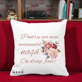 Cadou pentru Nasa - Perna Personalizata Pentru Cea mai Minunata Nasa Cu drag Finii, 40x40 cm, Alba Mata, Husa Detasabila, Perna Inclusa, BEKZ®