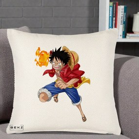Perna Personalizata One Piece Luffy Gear Second Foc, 40x40 cm, Crem Reliefat, Husa Detasabila, Perna Inclusa, BEKZ®