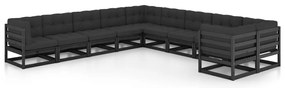vidaXL Set mobilier grădină cu perne, 10 piese, negru, lemn masiv pin