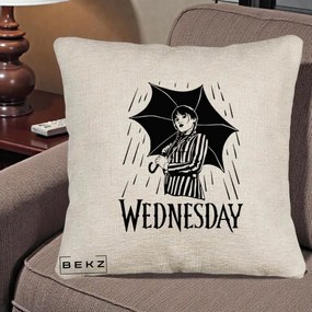 Perna Personalizata Wednesday cu Umbrela Ploaie Lineart, 40x40 cm, Bej Canapea, Husa Detasabila, Perna Inclusa, BEKZ®