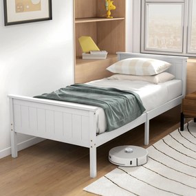 HOMCOM Cadru de pat 90 x 200 cm, pat simplu din lemn masiv cu somieră cu lamele, tăblie și tablie la picioare incluse, asamblare ușoară, alb | Aosom Romania