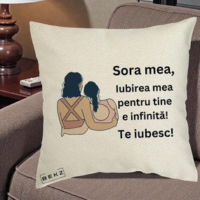 Cadou pentru Sora - Perna Personalizata Sora Mea Te Iubesc Doua Fete Fashioniste Line Art, 40x40 cm, Ecru, Husa Detasabila, Perna Inclusa, BEKZ®