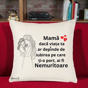 Cadou pentru Mama - Perna Personalizata Mama Nemuritoare cu Copilul in Poala, 40x40 cm, Crem Reliefat, Husa Detasabila, Perna Inclusa, BEKZ®