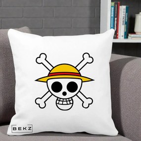 Perna Personalizata One Piece Jolly Roger Straw Hat Pirates, 40x40 cm, Alba Mata, Husa Detasabila, Perna Inclusa, BEKZ®