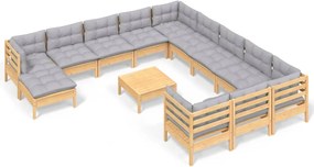 vidaXL Set mobilier grădină cu perne, 13 piese, gri, lemn de pin