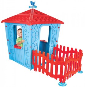 Casuta Copii cu Gard NOVOKIDS™ Stone House , Pentru casa si gradina, 179x114x151 cm, Ferestre si usa mobile, Plastic aditivat rezistent la lumina,