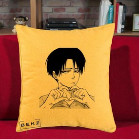 Perna Personalizata Levi Ackerman Inima, 40x40 cm, Galben, Husa Detasabila, Perna Inclusa, BEKZ®