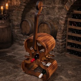 Suport de lemn pentru 6 sticle de vin si 10 pahare, forma vioara, 87A 39A 22 cm
