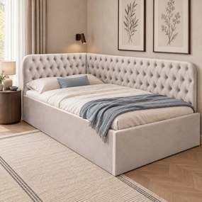 Pat tapițat pentru copii din catifea Elyra 120×200 cm, crem, colț dreapta, cu ladă de depozitare