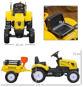 HOMCOM Tractor de Pedalat pentru Copii de 3+ Ani cu Remorcă, Greblă, Lopată și Claxon, 133x42x51 cm, Galben | Aosom Romania