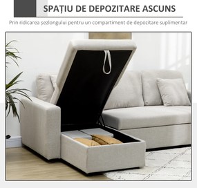 HOMCOM Canapea Extensibilă de Colț în Formă de L, Cu Șezlong Convertibil și Spațiu de Depozitare, Tapițerie Crem cu Efect de In, Perne Incluse | Aosom Romania