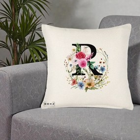 Cadou Personalizat - Perna Personalizata Monogram Litera R cu Flori Acuarela, 40x40 cm, Crem Reliefat, Husa Detasabila, Perna Inclusa, BEKZ®
