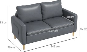 HOMCOM Canapea 2 locuri Tapițată în Poliester cu 2 Buzunare Laterale, Brațere și Picioare din Lemn 143x76x83 cm Gri | Aosom Romania