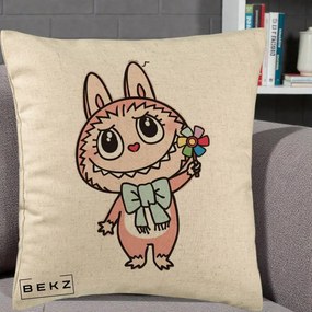 Perna Personalizata Labubu Roz cu Morisca, 40x40 cm, Bej, Husa Detasabila, Perna Inclusa, BEKZ®