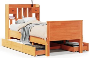 vidaXL Pat cu bibliotecă fără saltea, maro, 100x200 cm, lemn masiv pin