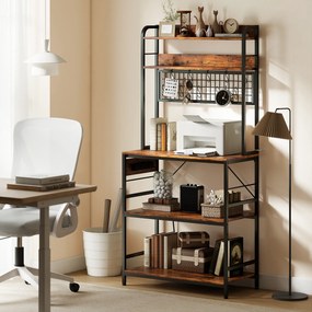 HOMCOM Raft de Bucătărie cu Prize și Rafturi Reglabile, Raft pentru Cuptor cu Microunde cu 5 Niveluri, Panou cu Grilaj și 10 Cârlige, Mobilier Vintage Structură din Oțel, 80x40x170 cm, Maro Rustic | Aosom Romania