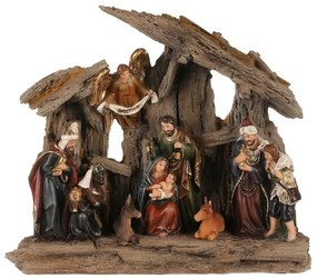 Decorație de Crăciun Betleem cu trei magi și înger, poliresină, LED, maro, 20x23x7cm