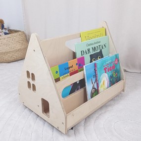Bibliotecă Montessori cu roți, în formă de căsuță BOOKY turquoise