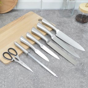 Set cutite inox cu suport Royalty line RL KSS600, cu instrument de ascutire si foarfeca de bucatarie