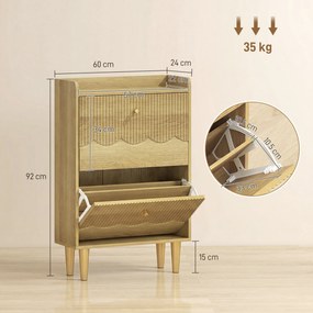 HOMCOM Dulap pentru încălțăminte 12 perechi, dulap îngust pentru încălțăminte, 2 sertare rabatabile polițe reglabile, 60x24x92cm, stejar | Aosom Romania